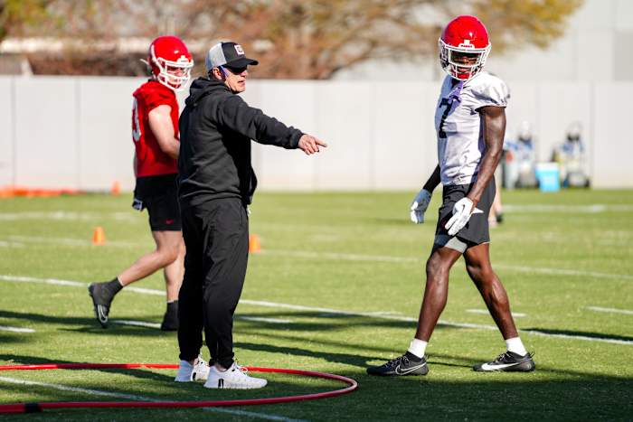 WR Coach James Coley instructs freshman WR Nitro Tuggle